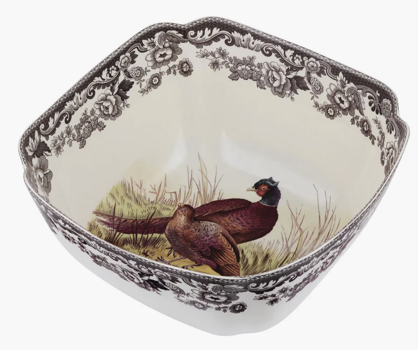 SPODE Woodland Deep Square Serving Bowl 9.5 Inch, Pheasant