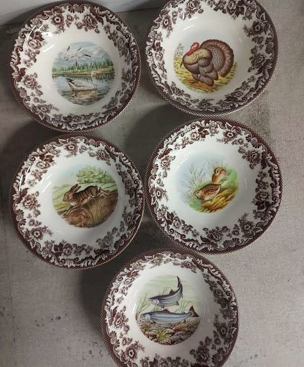 Spode Woodland set of 5 X 8" ascot bowls 5 unique designs Land/Sea/air- price cut