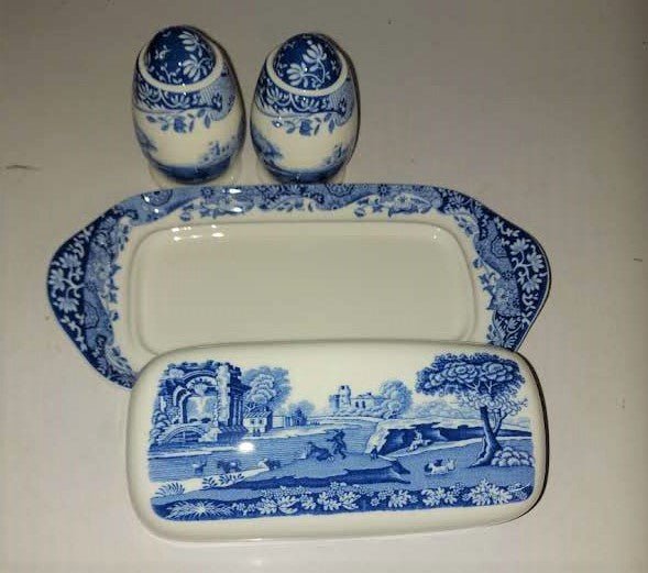 Spode Blue Italian Covered Butter+ Salt and Pepper shakers - Shoppedeals