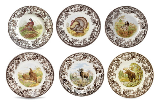 Spode Woodland 6 pk dinners- 6 different designs incl spaniel pheeasant+++3673
