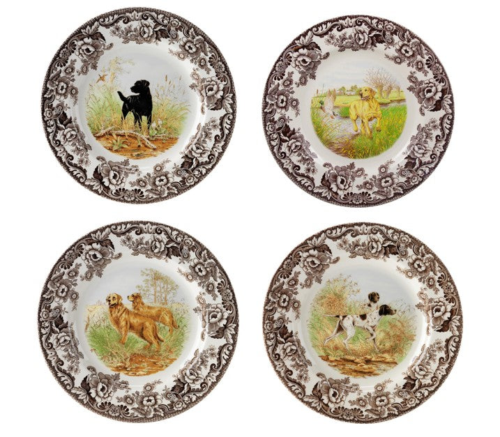 Spode Woodland Set Of 4 Dinner Plates 4 dogs - 3728---