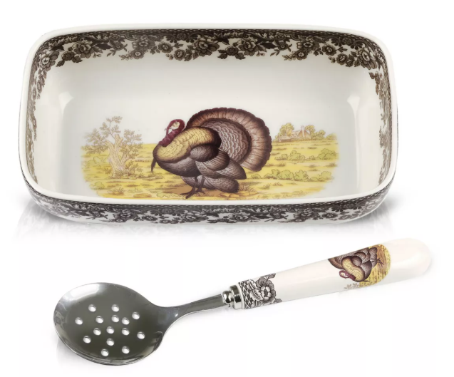 Spode Woodland  Cranberry dish and with slotted spoon---4048