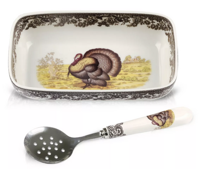 Spode Woodland  Cranberry dish and with slotted spoon---4048