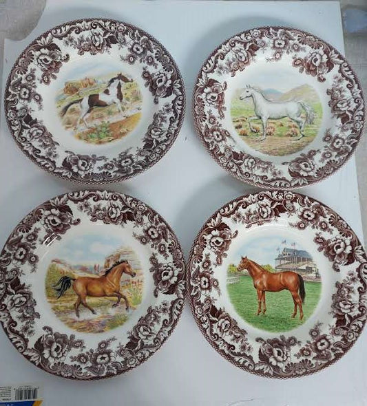 Spode Woodland set of 4 Dinner Plates All Horses