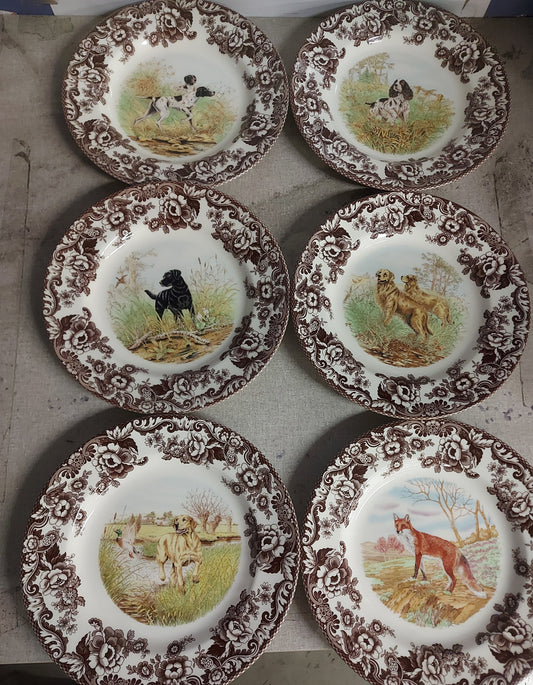 Spode Woodland 6 pk dinners- 5 different dog designs + red fox