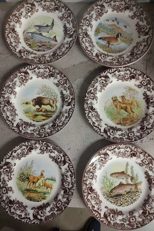 Spode Woodland Set Of 6 Dinner Plates- 6 unique designs 3 animal 2 fish and a bird