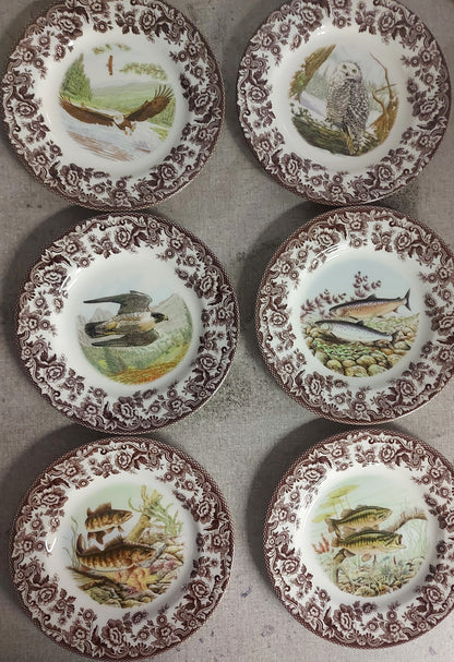 Spode Woodland Salad Plates Set of 6- 3 UNIQUE Fish+ 3 Birds
