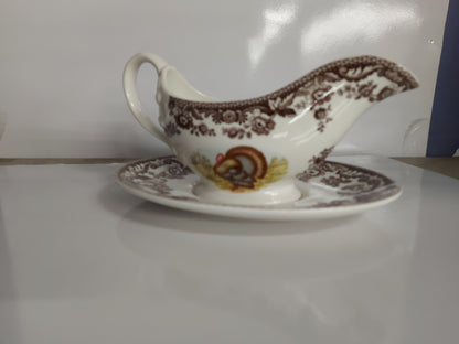 Spode Woodland Sauceboat And Stand- Turkey Design- PRICE CUT!!!