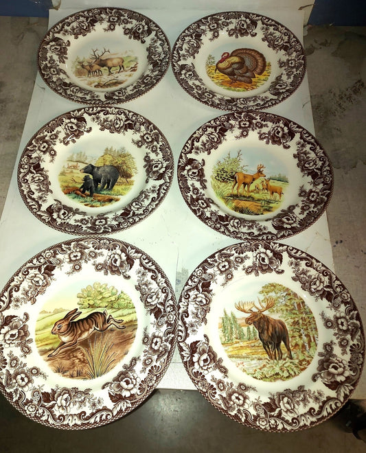 Spode Woodland Set Of 6 Dinner Plates- 6 unique designs 5 land animals and turkey - Shoppedeals