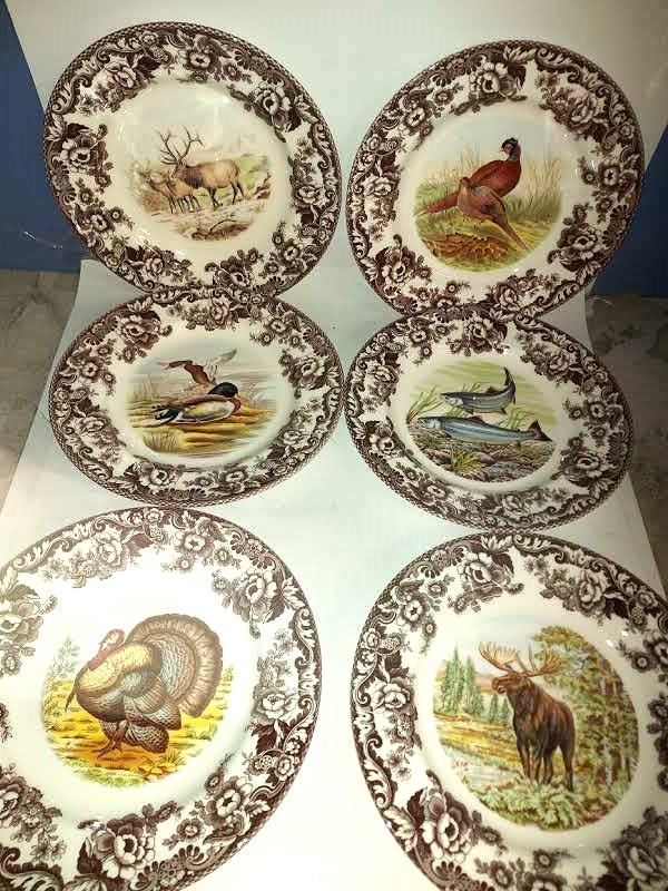 Spode Woodland Set Of 6 Dinner Plates- 6 unique designs land/sea/air - Shoppedeals