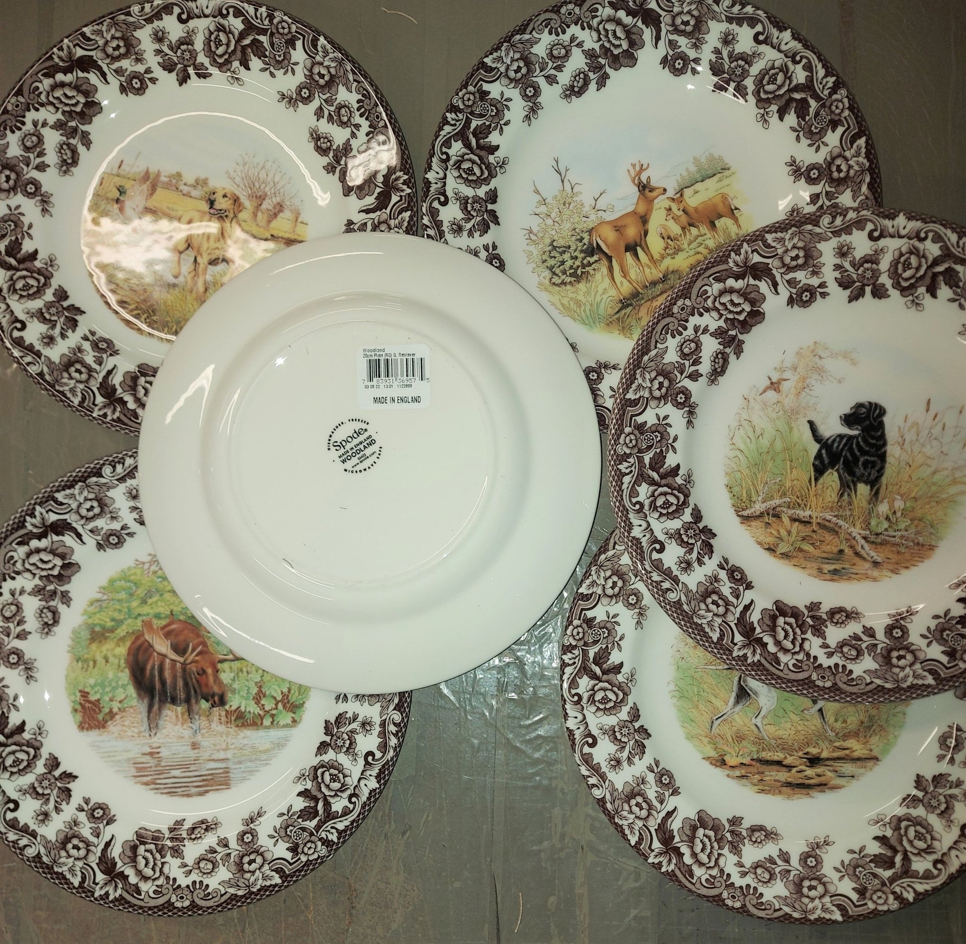 Spode Woodland set of 6 Salad Plates incl 4 dogs +deer+Moose - Shoppedeals
